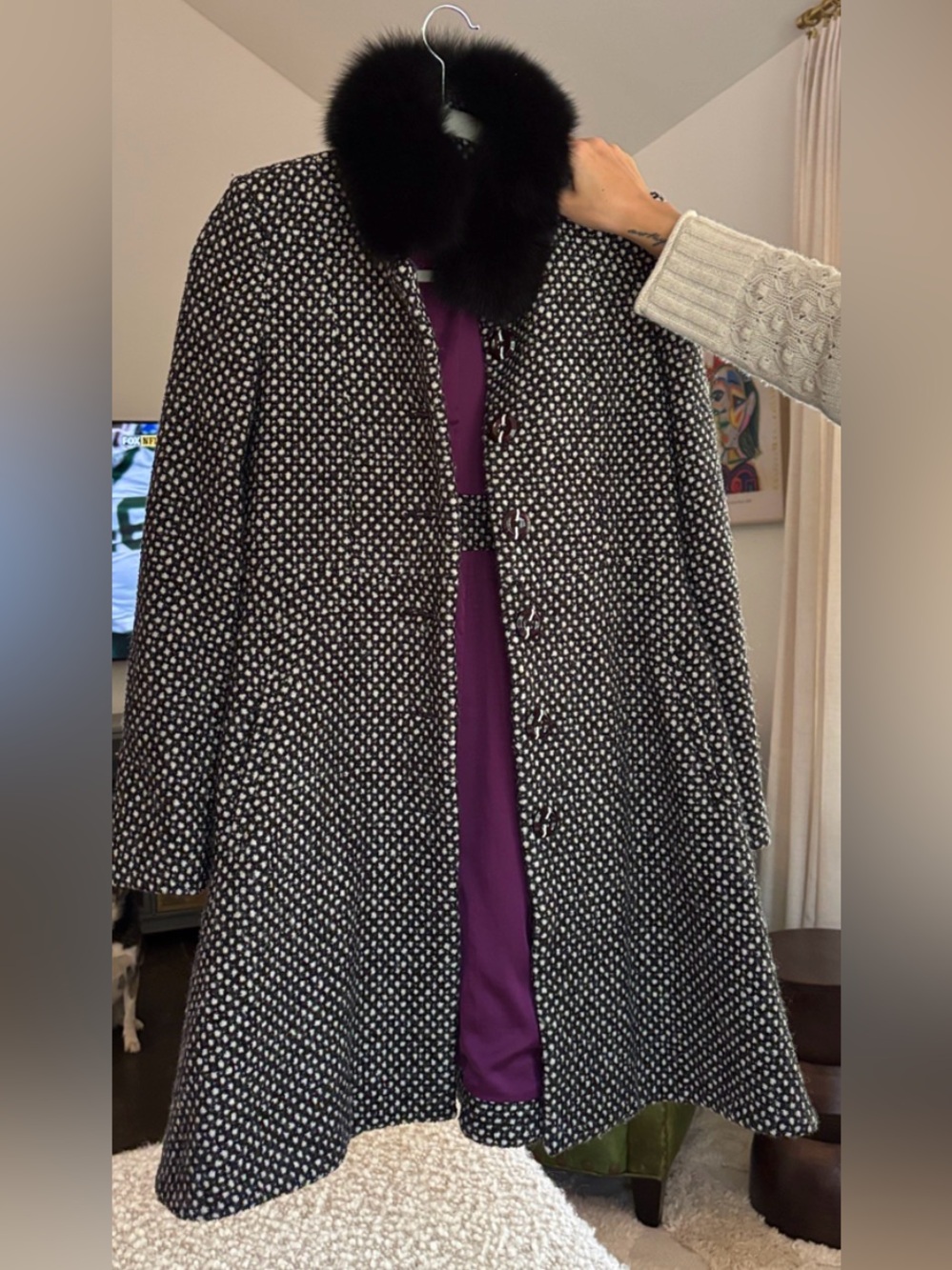 Alice + Olivia Black and White Tweed Trench Coat with Black Fur Collar